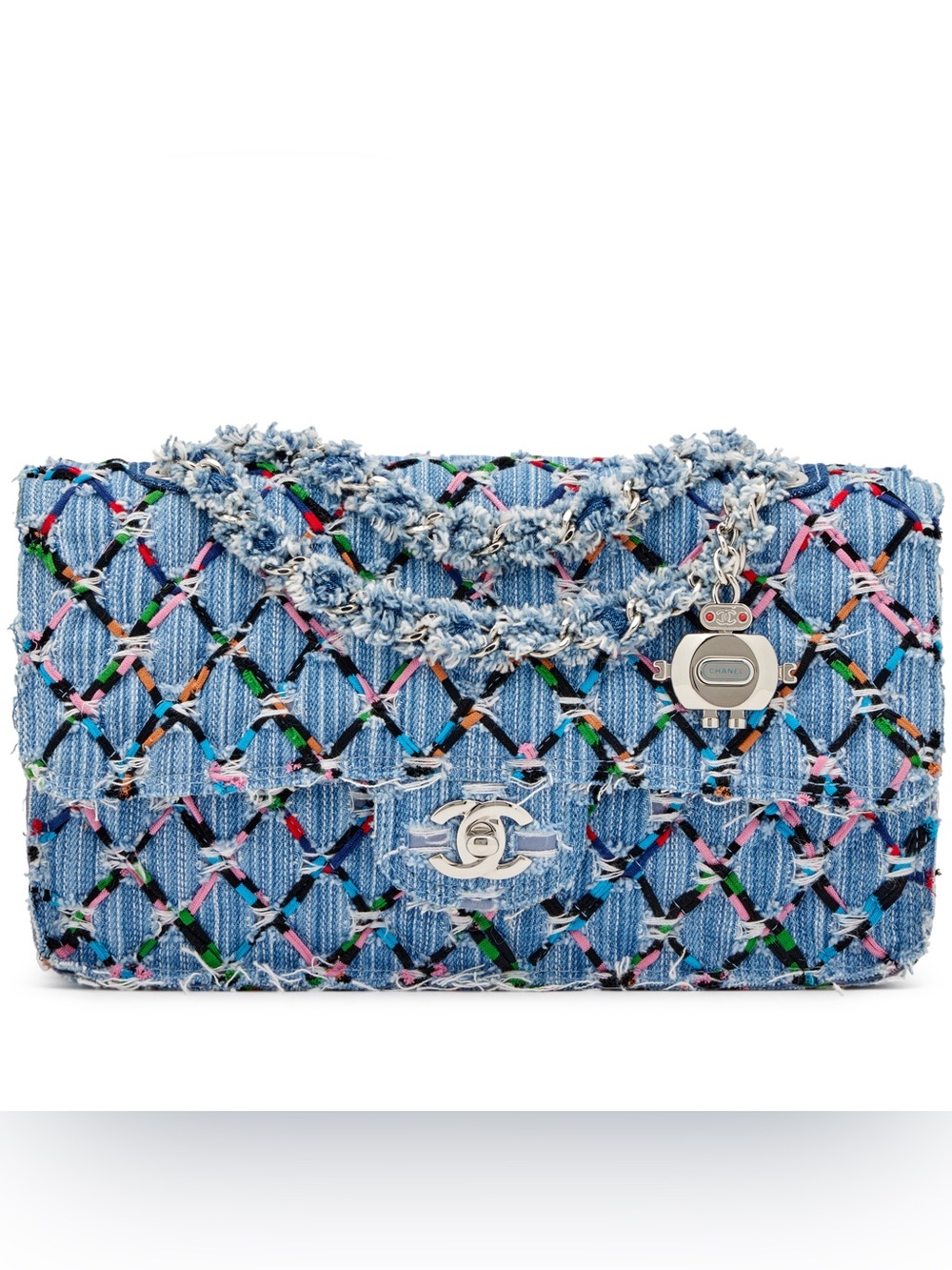 CHANEL Light Blue Tweed Shoulder Bag with Multicolor Accents